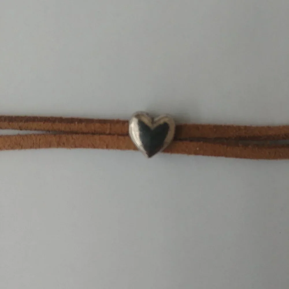 Y2K Brown leather double strand short necklace choker silver heart - Picture 8 of 9